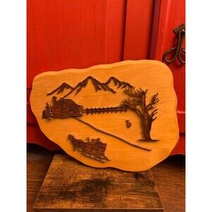 Scroll Saw 3D Wood Pattern Artisan Made Wall Hanging Mountains Cabin Sleigh EUC